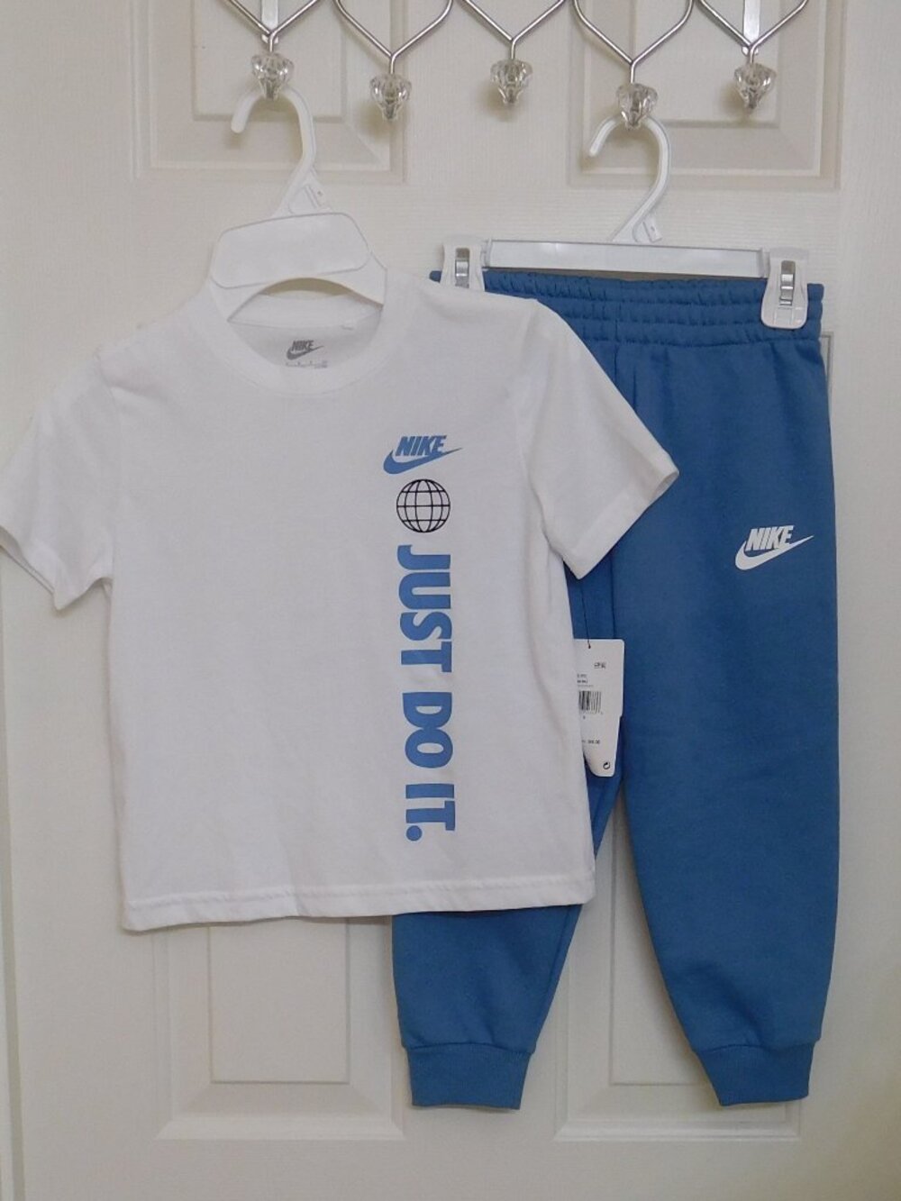 NWT 2pc Nike White Blue Logo Shirt & Blue Joggers Set sz 5